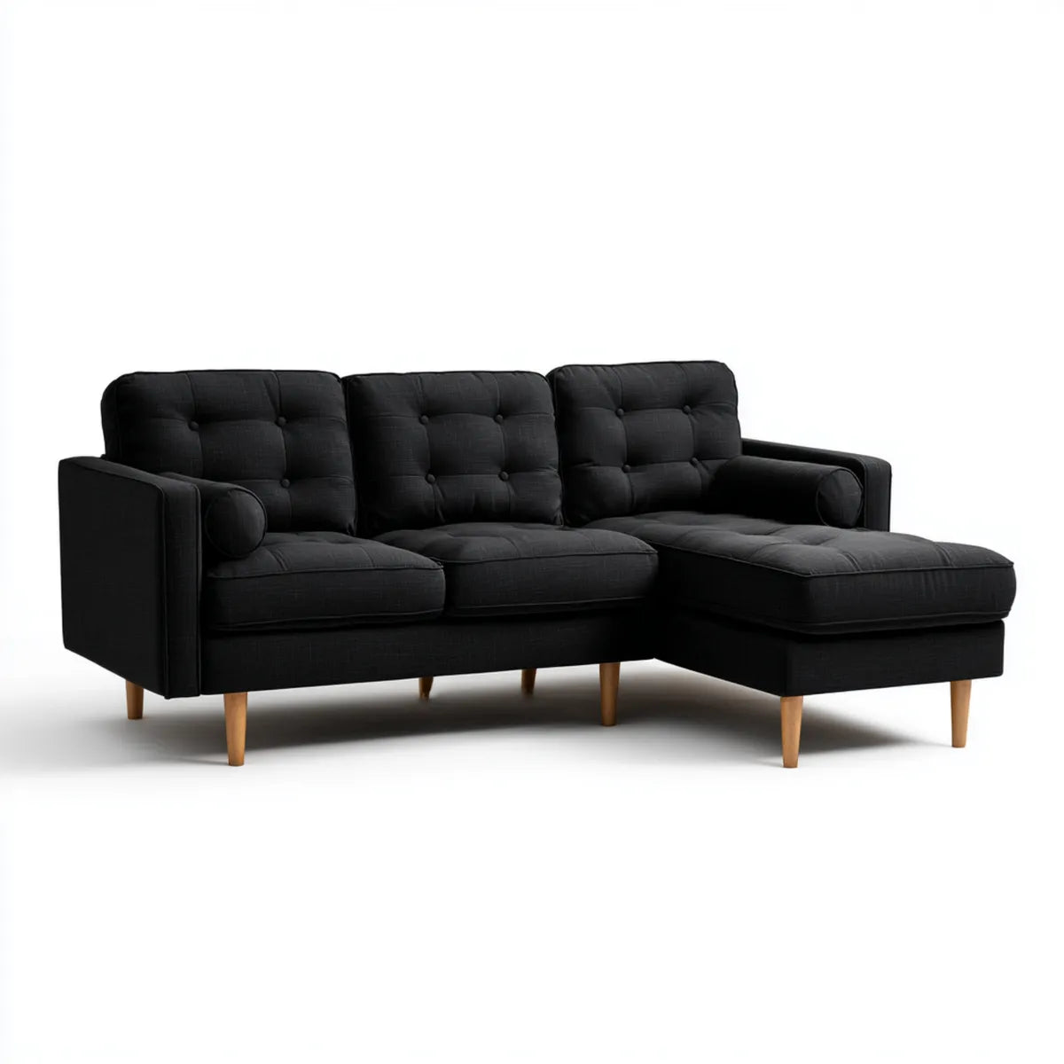 Divano angolare 3 posti con chaise longue destra nero in poliestere 220 x 150 x 85 cm