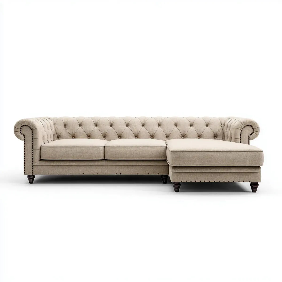 Divano angolare Chesterfield con chaise longue destra beige 275 x 165 x 75 cm in poliestere forma a L