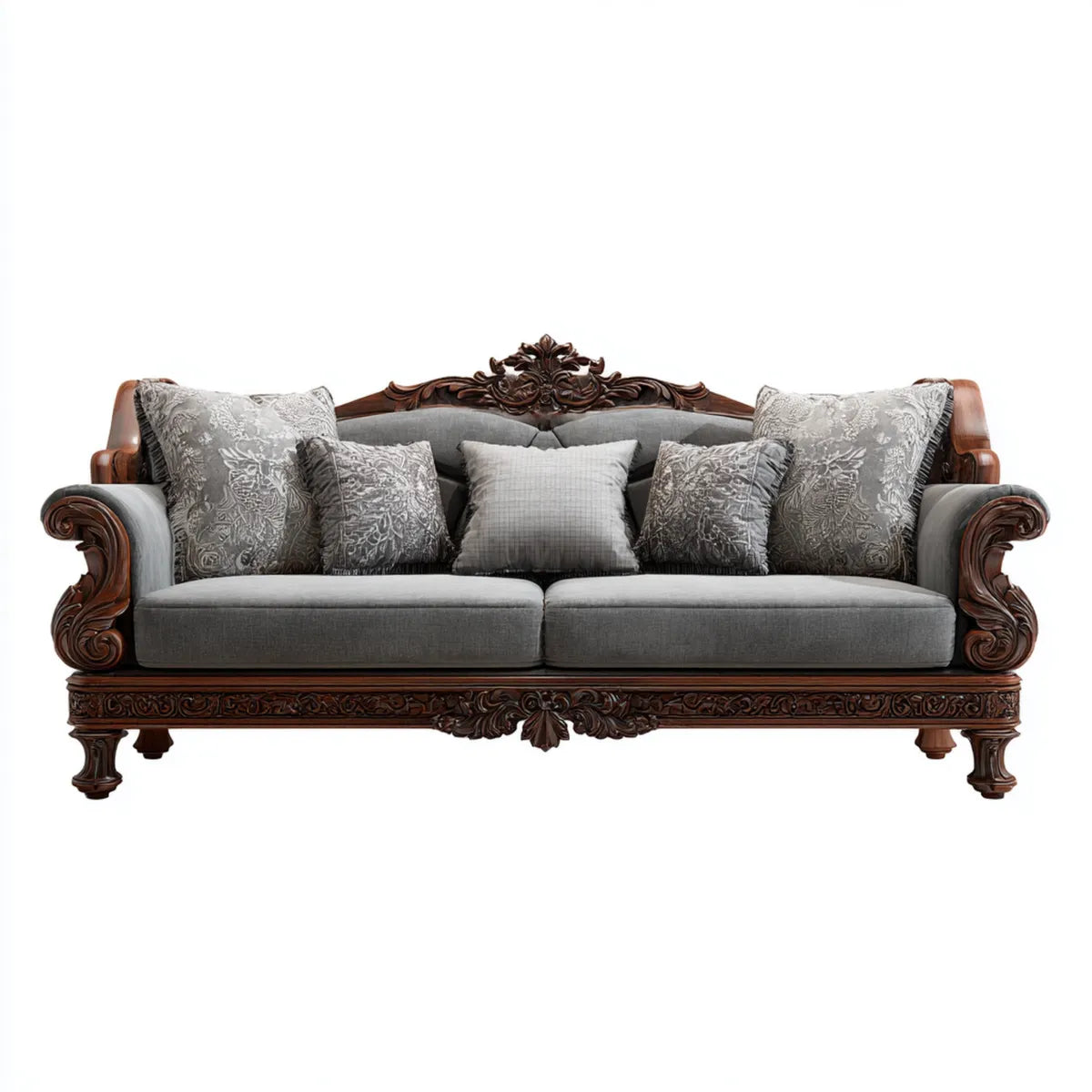 Divano 3 posti classico grigio 230 x 95 x 105 cm in poliestere jacquard con struttura in legno massello sagomato