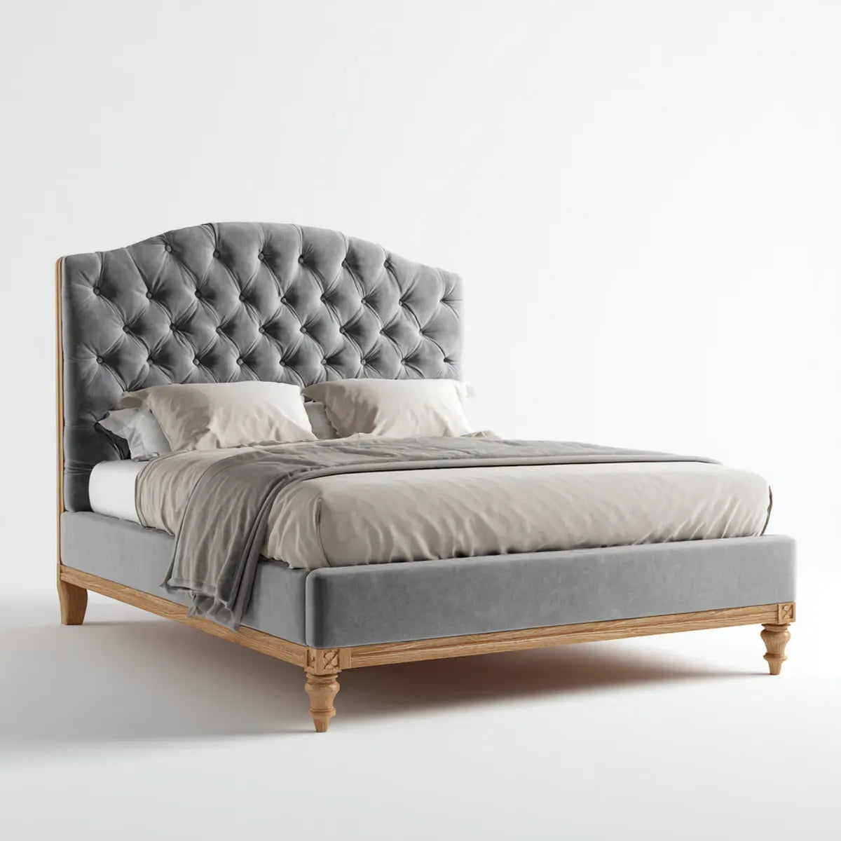 Letto matrimoniale imbottito grigio 160 x 200 cm in velluto di poliestere con testiera capitonné e struttura in legno massello rettangolare