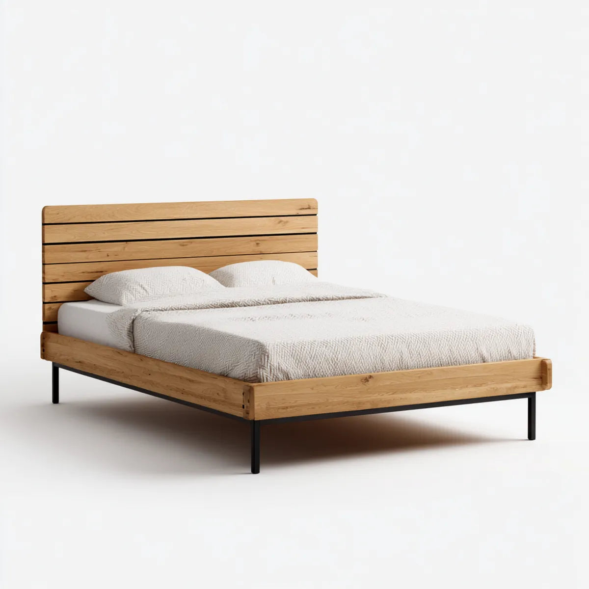 Letto matrimoniale in legno massello di rovere naturale con struttura rettangolare e piedi in acciaio nero per materasso 160 x 200 cm