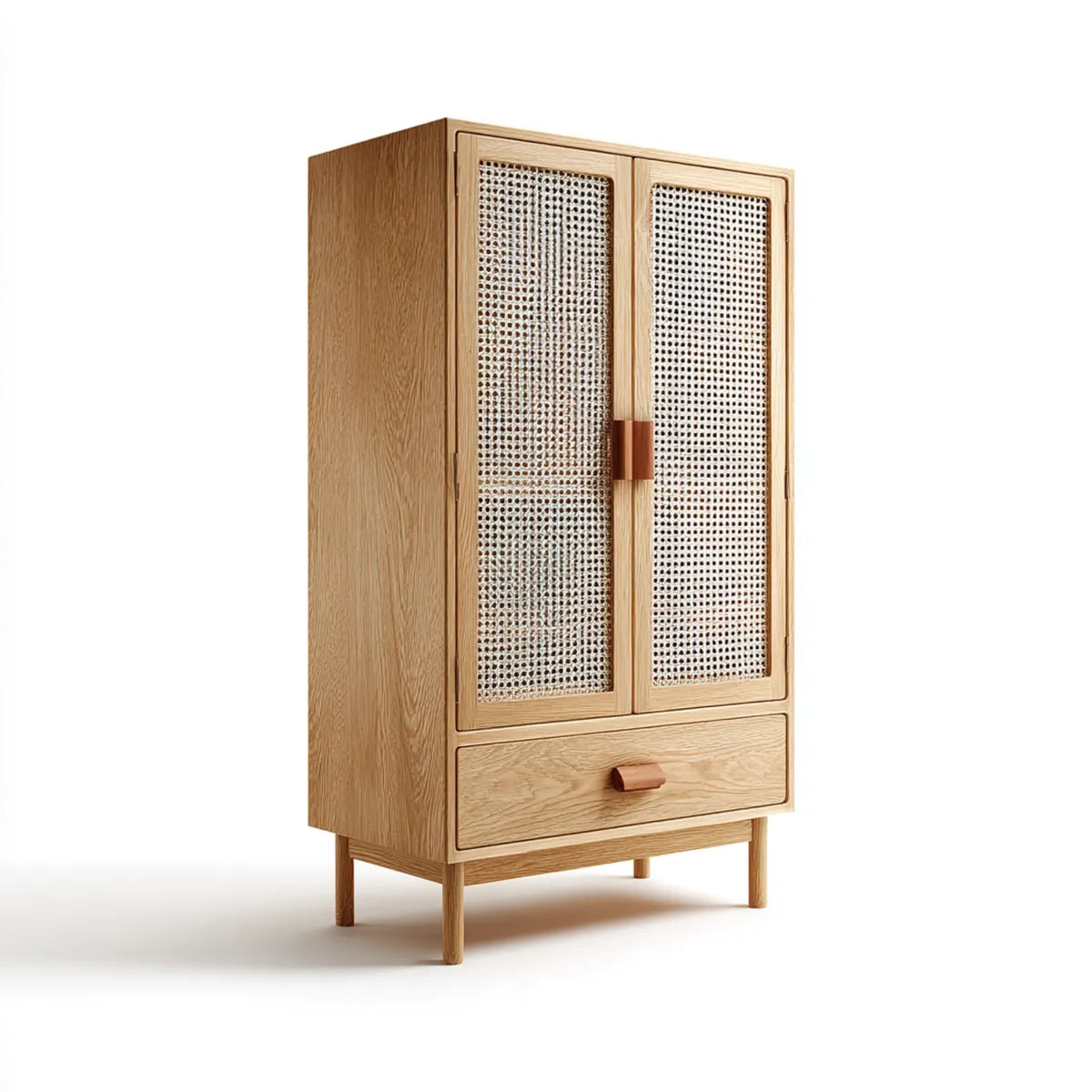 Armadio guardaroba 2 ante con cassetto rovere naturale e rattan 90 x 45 x 180 cm
