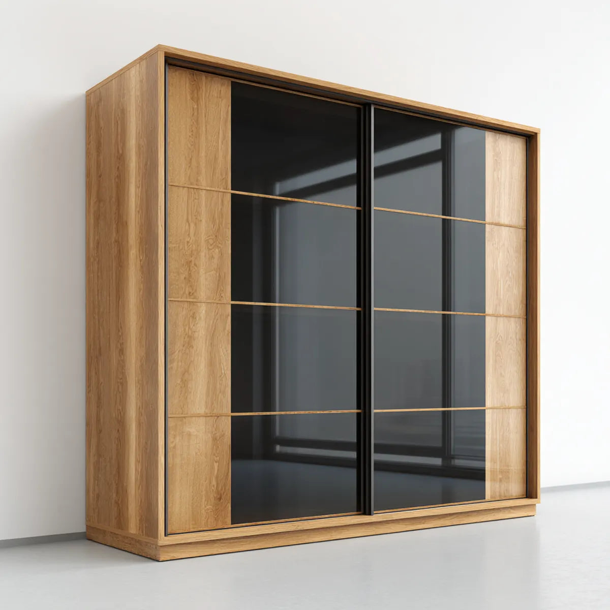 Armadio guardaroba 2 ante scorrevoli rovere naturale nero 200 x 60 x 220 cm pannelli di particelle vetro temperato rettangolare