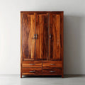 Armadio guardaroba 3 ante 4 cassetti marrone in legno massello di palissandro 120 x 55 x 200 cm rettangolare