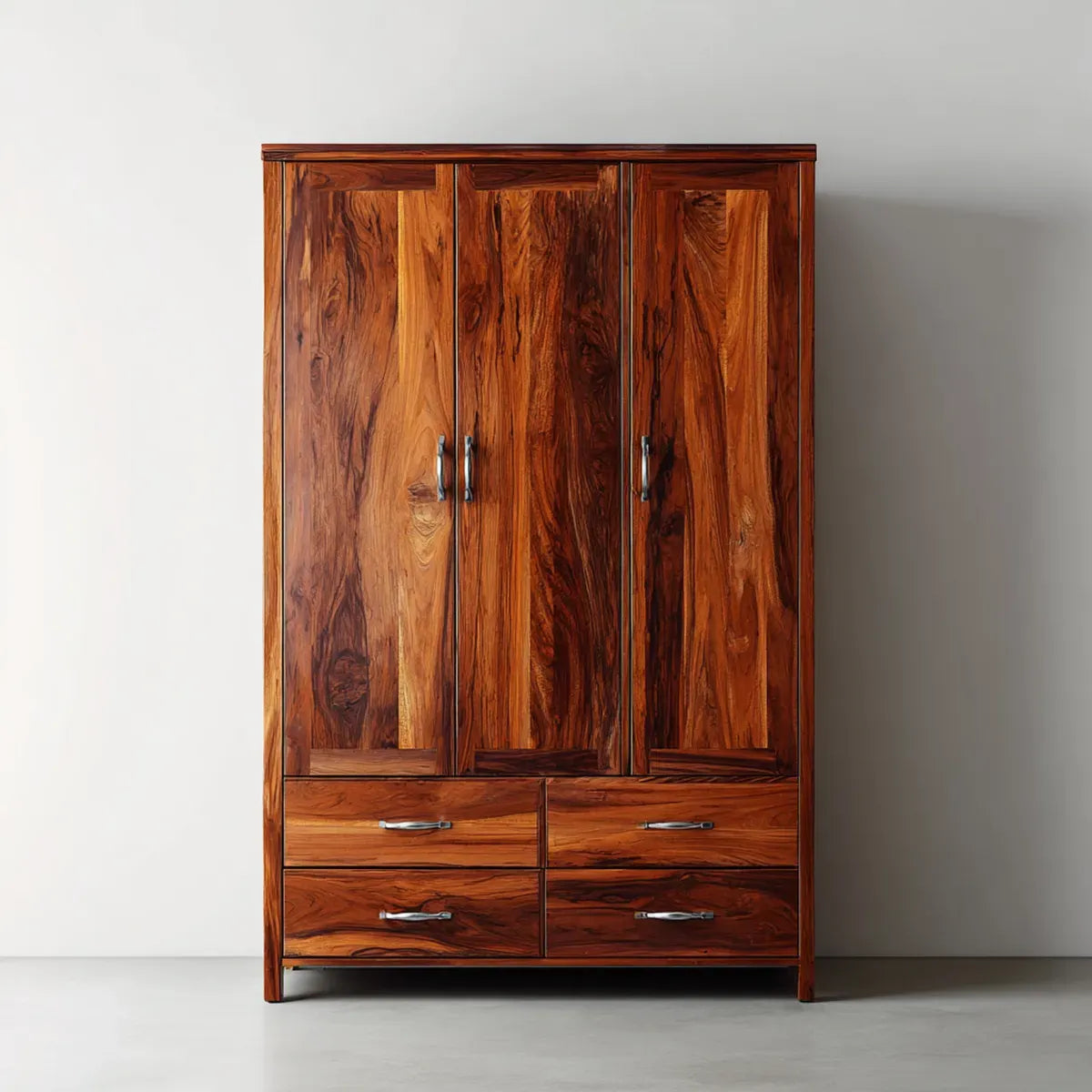 Armadio guardaroba 3 ante 4 cassetti marrone in legno massello di palissandro 120 x 55 x 200 cm rettangolare